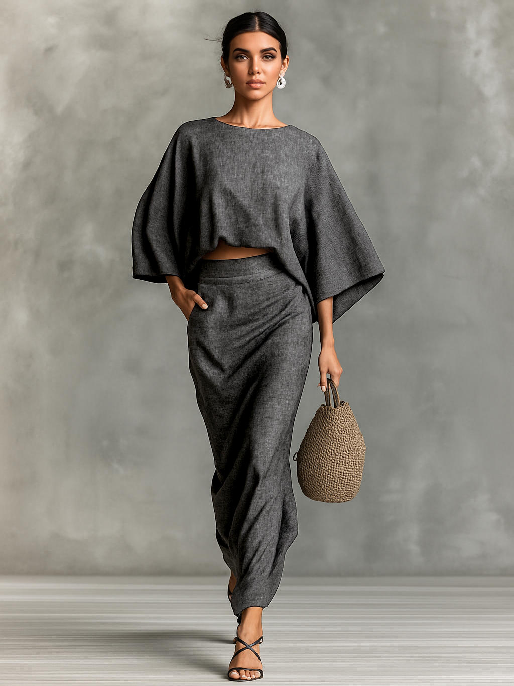 Two-Piece Set Long Skirt Batwing Sleeve in Cotton and Linen