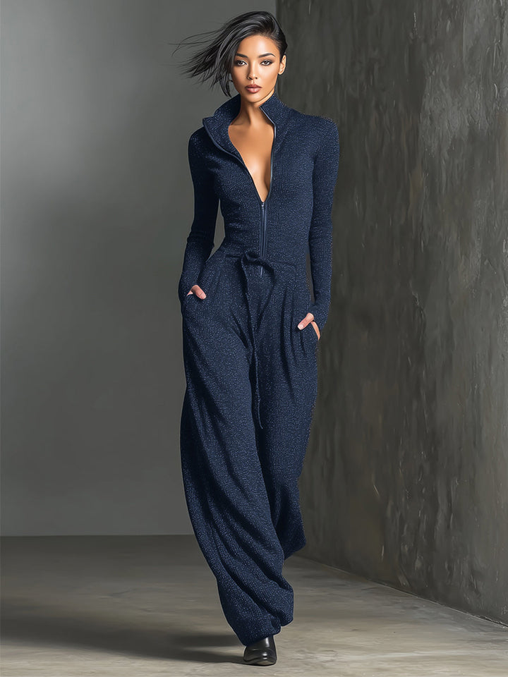 Elegant Women's Knit Jumpsuit with Front Zip