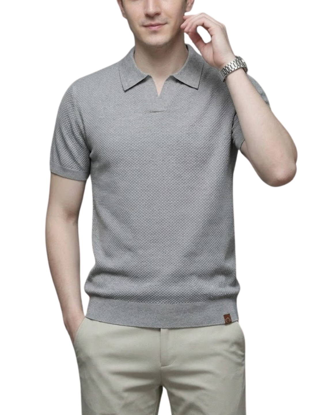 Men's Bubble Honeycomb Texture Short Sleeve Open V Neck Placket Spread Collar Ribbed Cuff Hem Band Regular Fit Polo Shirt