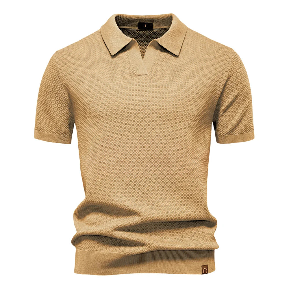 Men's Bubble Honeycomb Texture Short Sleeve Open V Neck Placket Spread Collar Ribbed Cuff Hem Band Regular Fit Polo Shirt