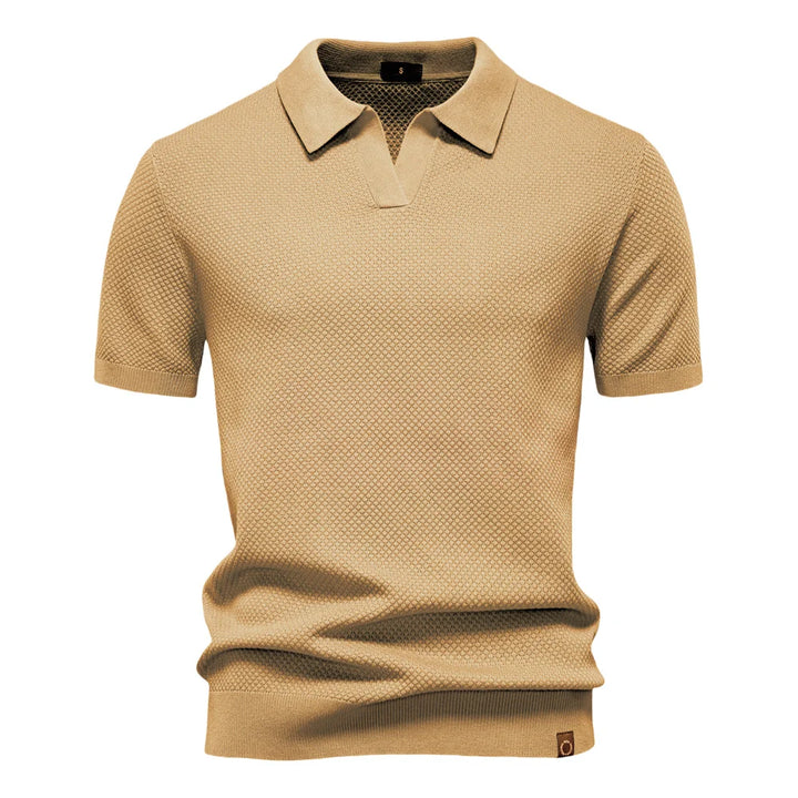 Men's Bubble Honeycomb Texture Short Sleeve Open V Neck Placket Spread Collar Ribbed Cuff Hem Band Regular Fit Polo Shirt