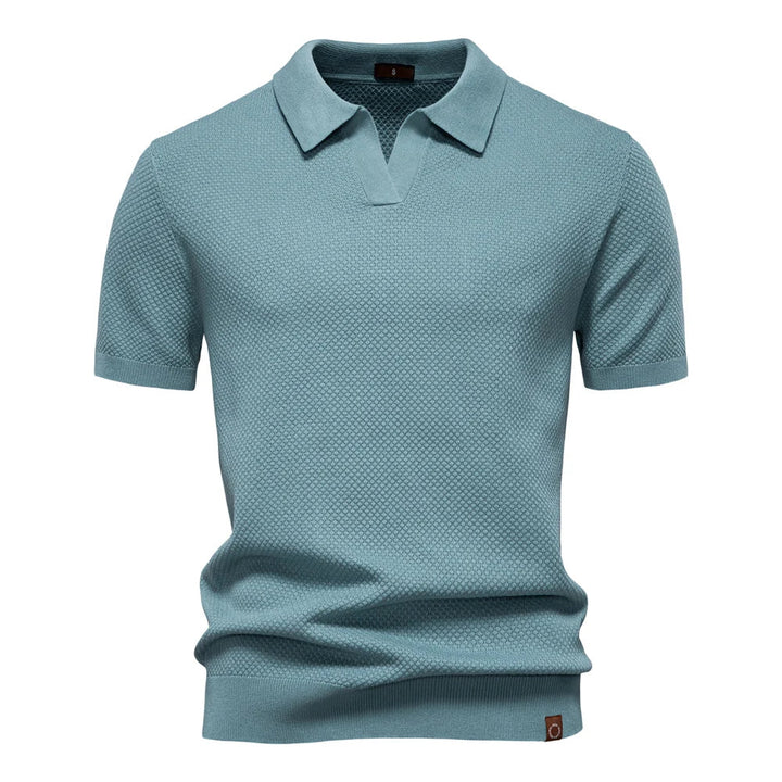 Men's Bubble Honeycomb Texture Short Sleeve Open V Neck Placket Spread Collar Ribbed Cuff Hem Band Regular Fit Polo Shirt