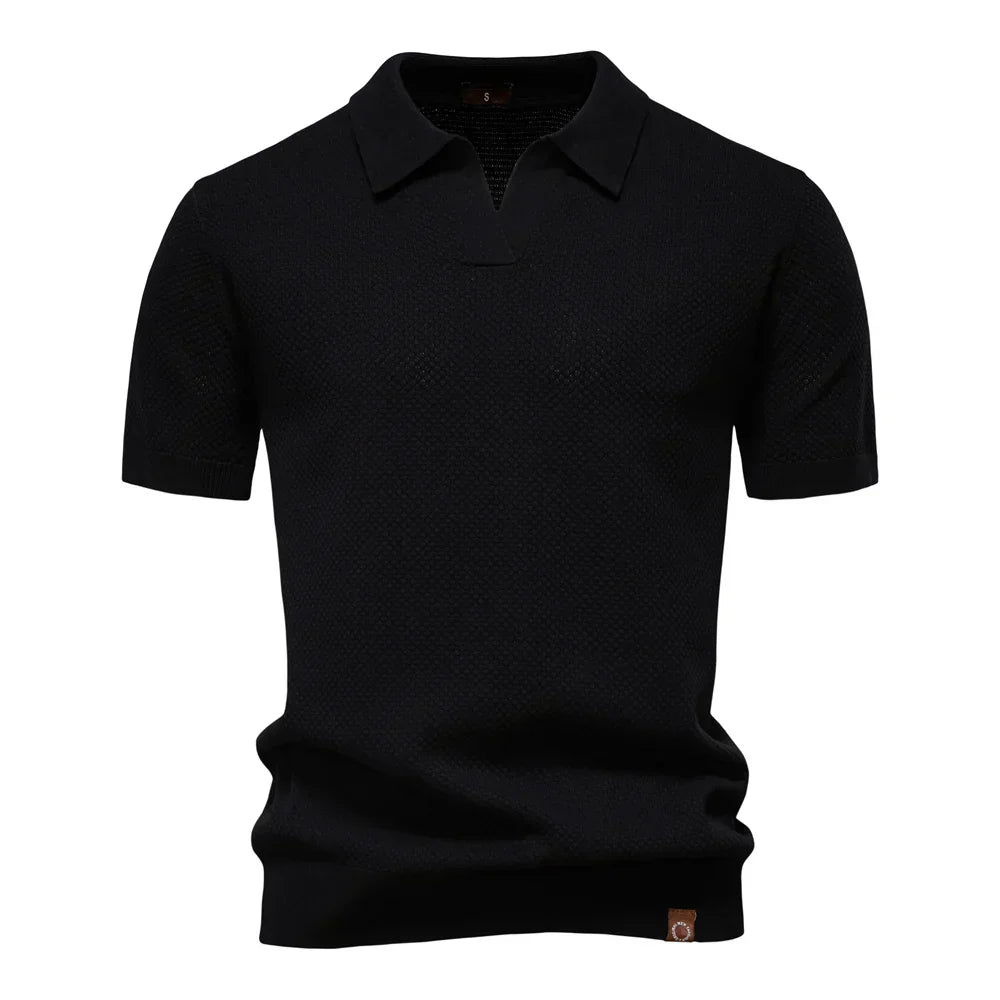 Men's Bubble Honeycomb Texture Short Sleeve Open V Neck Placket Spread Collar Ribbed Cuff Hem Band Regular Fit Polo Shirt