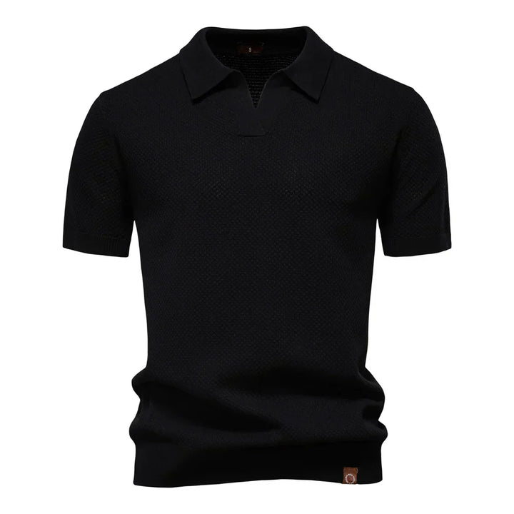 Men's Bubble Honeycomb Texture Short Sleeve Open V Neck Placket Spread Collar Ribbed Cuff Hem Band Regular Fit Polo Shirt