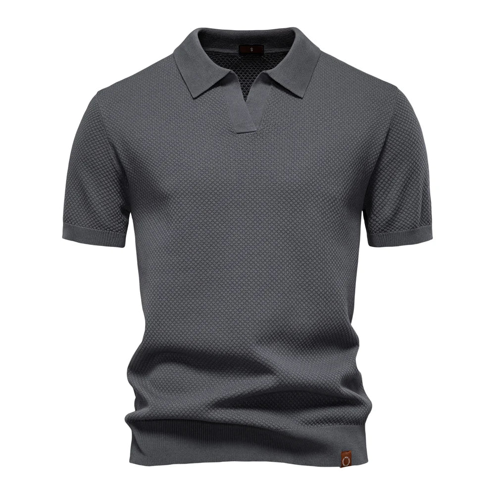 Men's Bubble Honeycomb Texture Short Sleeve Open V Neck Placket Spread Collar Ribbed Cuff Hem Band Regular Fit Polo Shirt