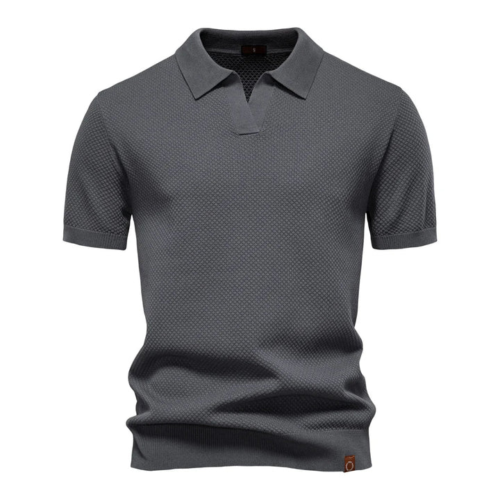 Men's Bubble Honeycomb Texture Short Sleeve Open V Neck Placket Spread Collar Ribbed Cuff Hem Band Regular Fit Polo Shirt