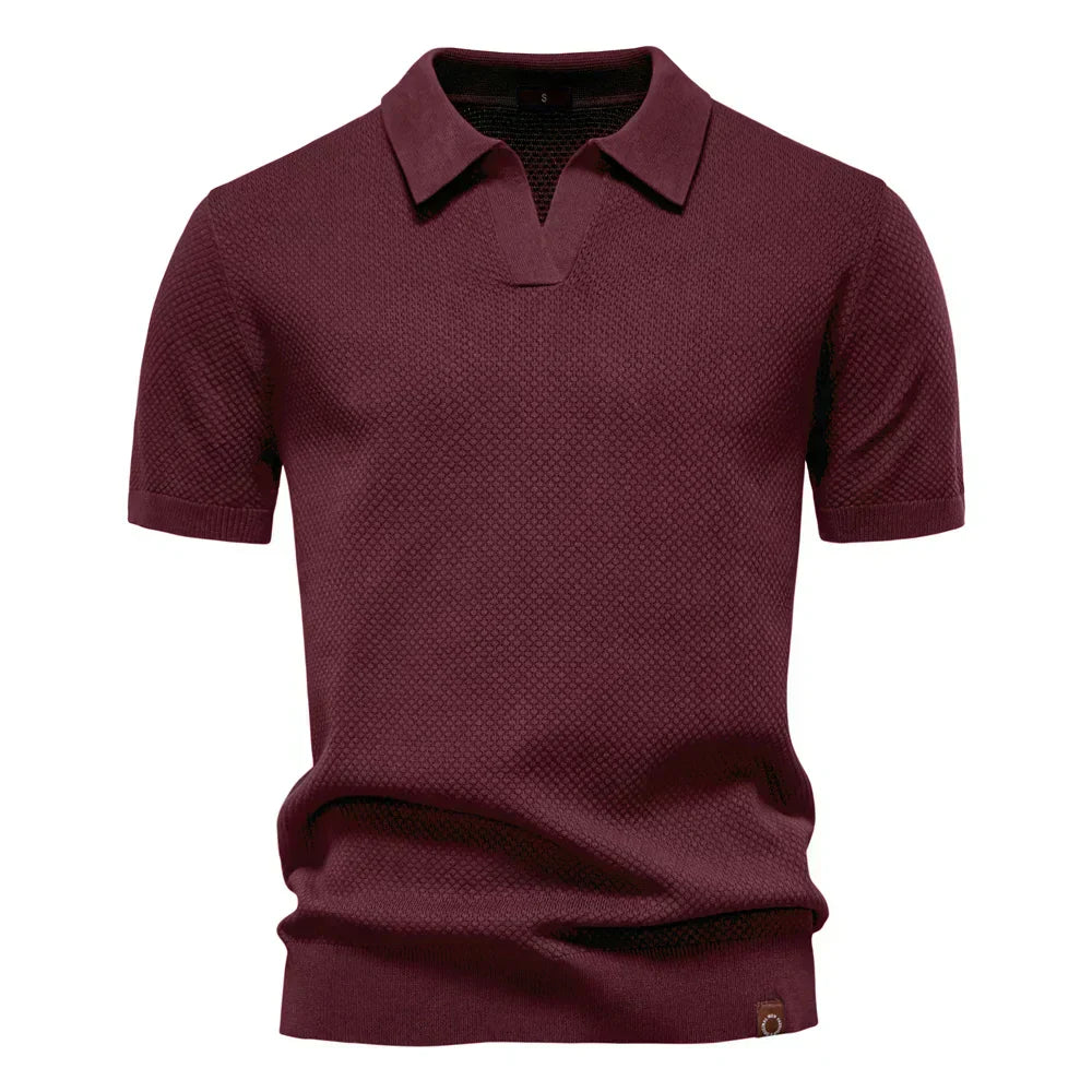 Men's Bubble Honeycomb Texture Short Sleeve Open V Neck Placket Spread Collar Ribbed Cuff Hem Band Regular Fit Polo Shirt