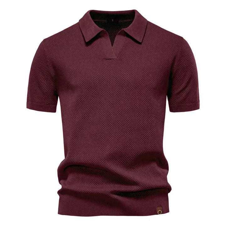 Men's Bubble Honeycomb Texture Short Sleeve Open V Neck Placket Spread Collar Ribbed Cuff Hem Band Regular Fit Polo Shirt