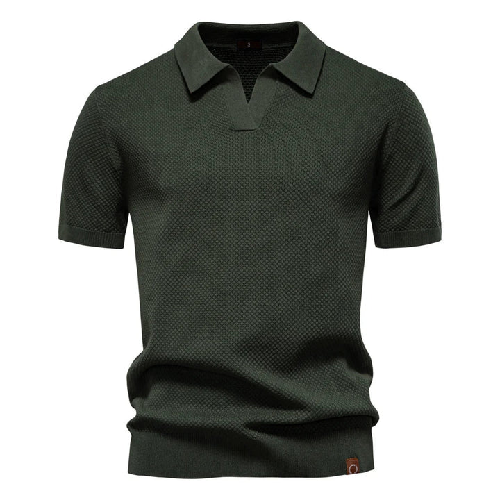 Men's Bubble Honeycomb Texture Short Sleeve Open V Neck Placket Spread Collar Ribbed Cuff Hem Band Regular Fit Polo Shirt