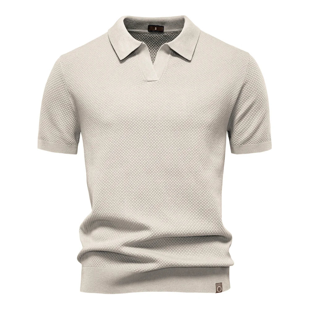 Men's Bubble Honeycomb Texture Short Sleeve Open V Neck Placket Spread Collar Ribbed Cuff Hem Band Regular Fit Polo Shirt