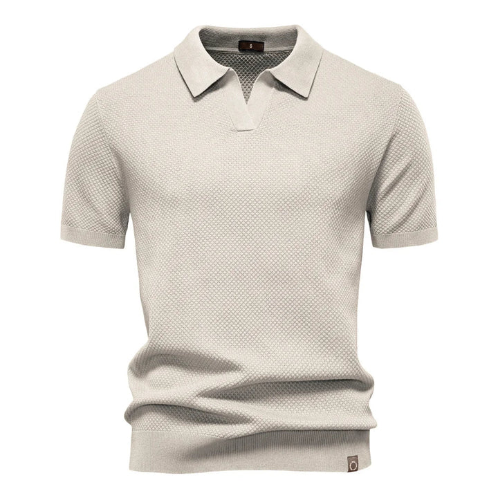 Men's Bubble Honeycomb Texture Short Sleeve Open V Neck Placket Spread Collar Ribbed Cuff Hem Band Regular Fit Polo Shirt