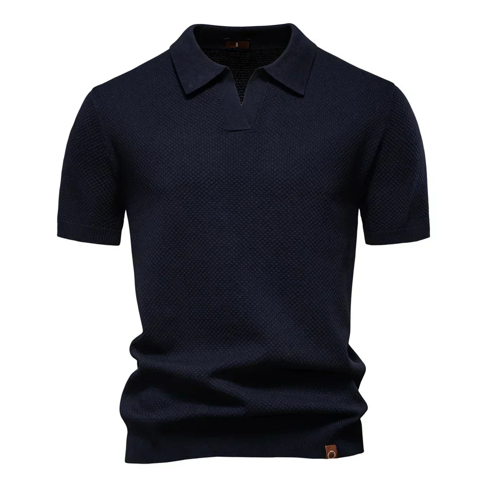 Men's Bubble Honeycomb Texture Short Sleeve Open V Neck Placket Spread Collar Ribbed Cuff Hem Band Regular Fit Polo Shirt