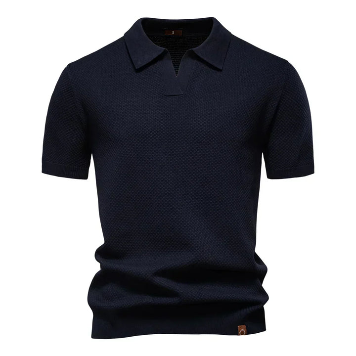 Men's Bubble Honeycomb Texture Short Sleeve Open V Neck Placket Spread Collar Ribbed Cuff Hem Band Regular Fit Polo Shirt