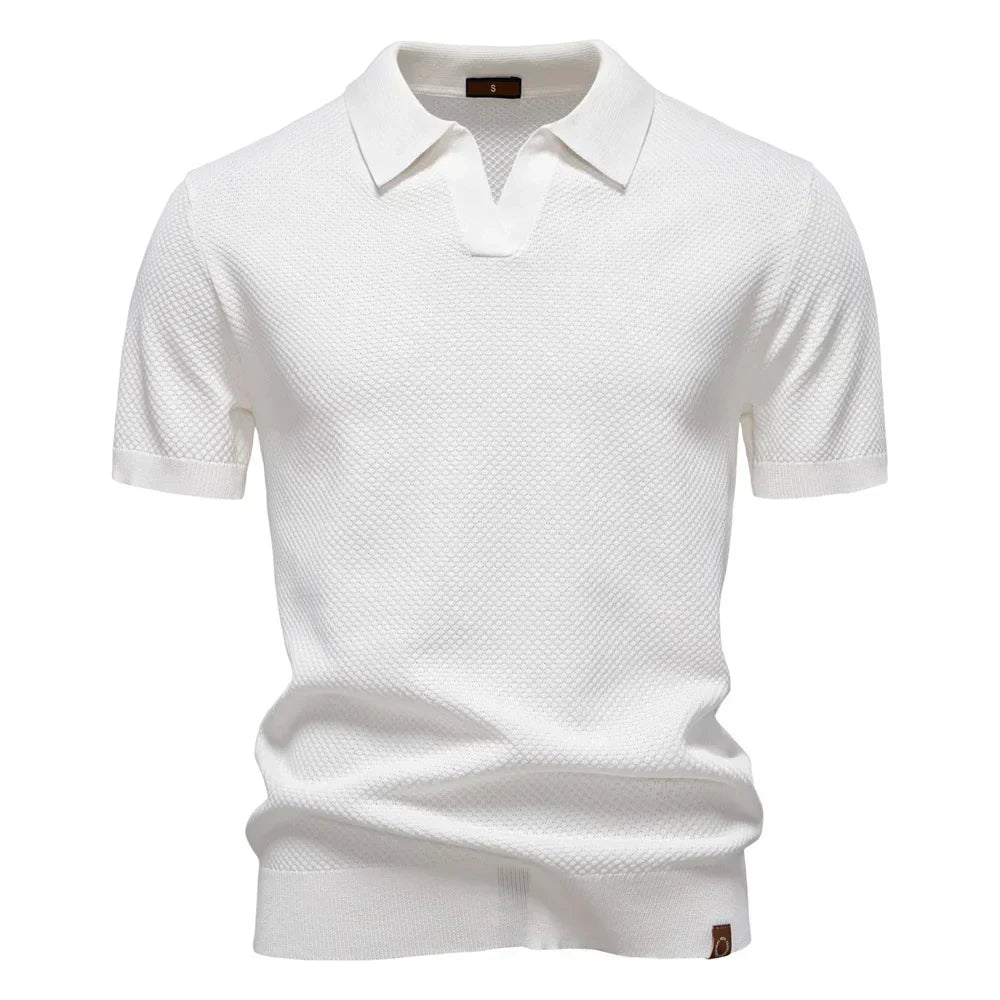 Men's Bubble Honeycomb Texture Short Sleeve Open V Neck Placket Spread Collar Ribbed Cuff Hem Band Regular Fit Polo Shirt