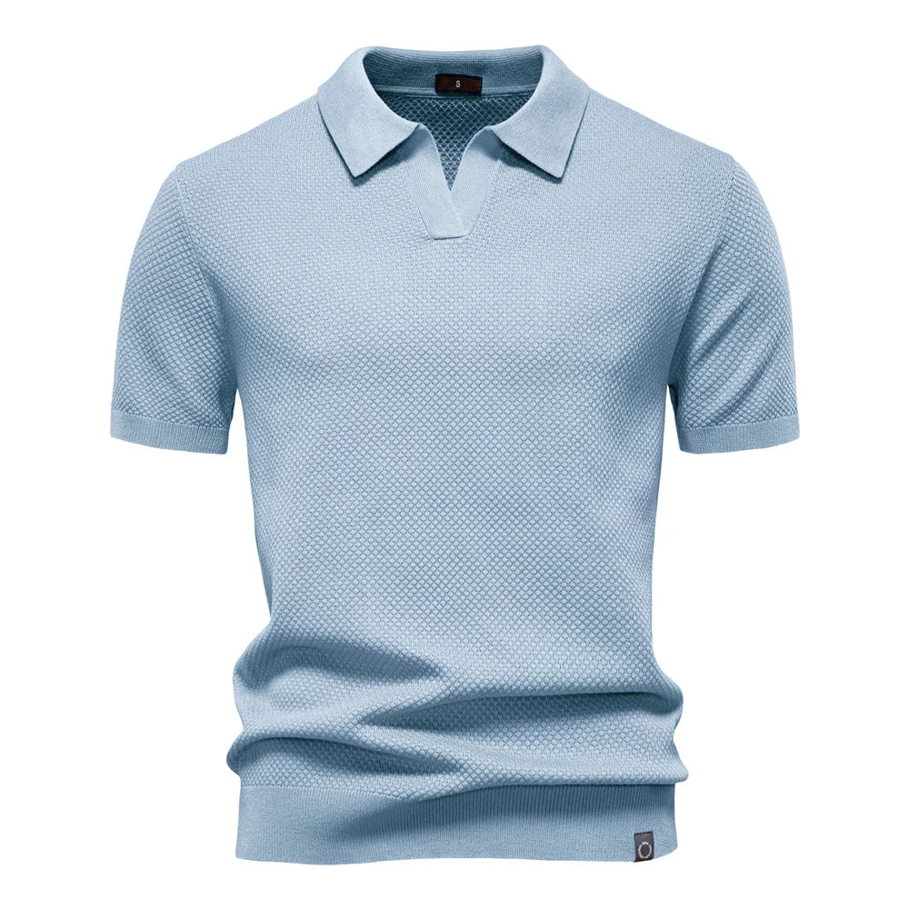Men's Bubble Honeycomb Texture Short Sleeve Open V Neck Placket Spread Collar Ribbed Cuff Hem Band Regular Fit Polo Shirt