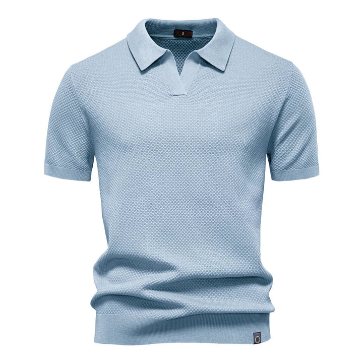 Men's Bubble Honeycomb Texture Short Sleeve Open V Neck Placket Spread Collar Ribbed Cuff Hem Band Regular Fit Polo Shirt