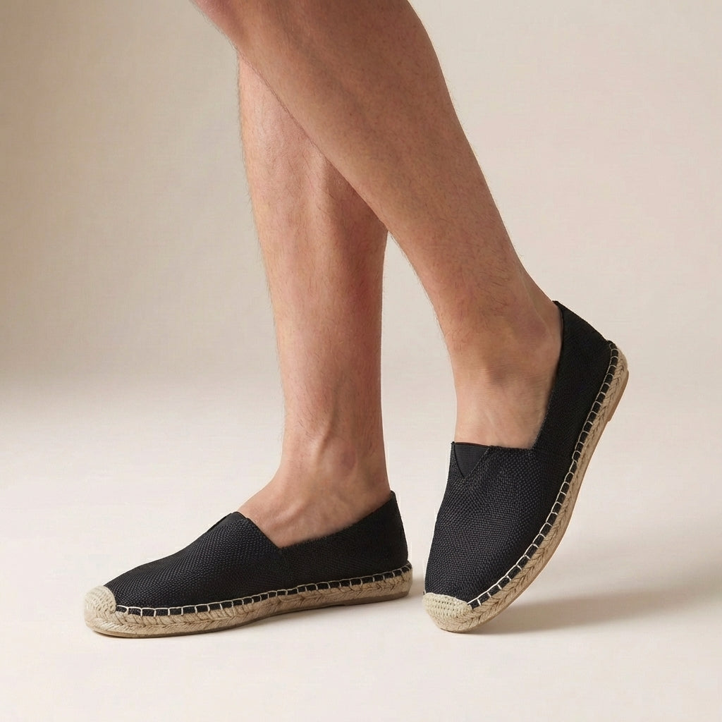 Men's Classic Slip-On Espadrille Flat Shoes with Braided Midsole Trim and Elastic Back Panel