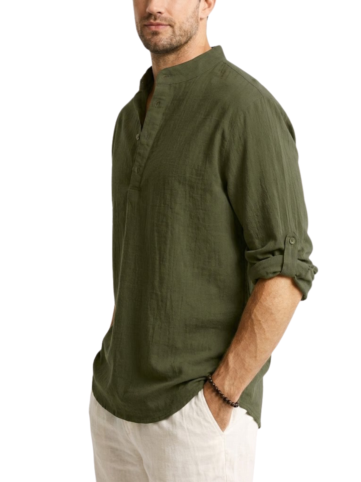 Men's Linen Long Sleeve Relaxed Fit Stand Collar Half Placket Popover Curved Hem Shirt