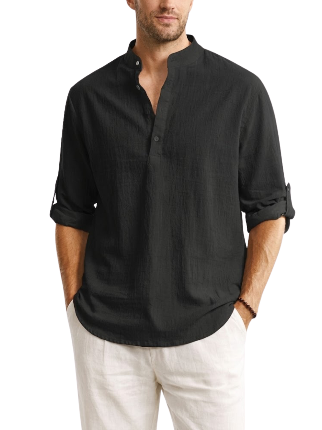 Men's Linen Long Sleeve Relaxed Fit Stand Collar Half Placket Popover Curved Hem Shirt