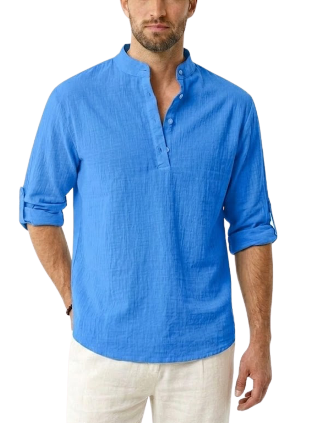 Men's Linen Long Sleeve Relaxed Fit Stand Collar Half Placket Popover Curved Hem Shirt