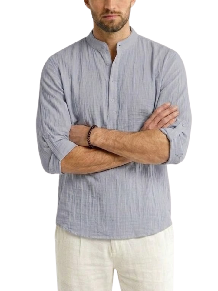 Men's Linen Long Sleeve Relaxed Fit Stand Collar Half Placket Popover Curved Hem Shirt