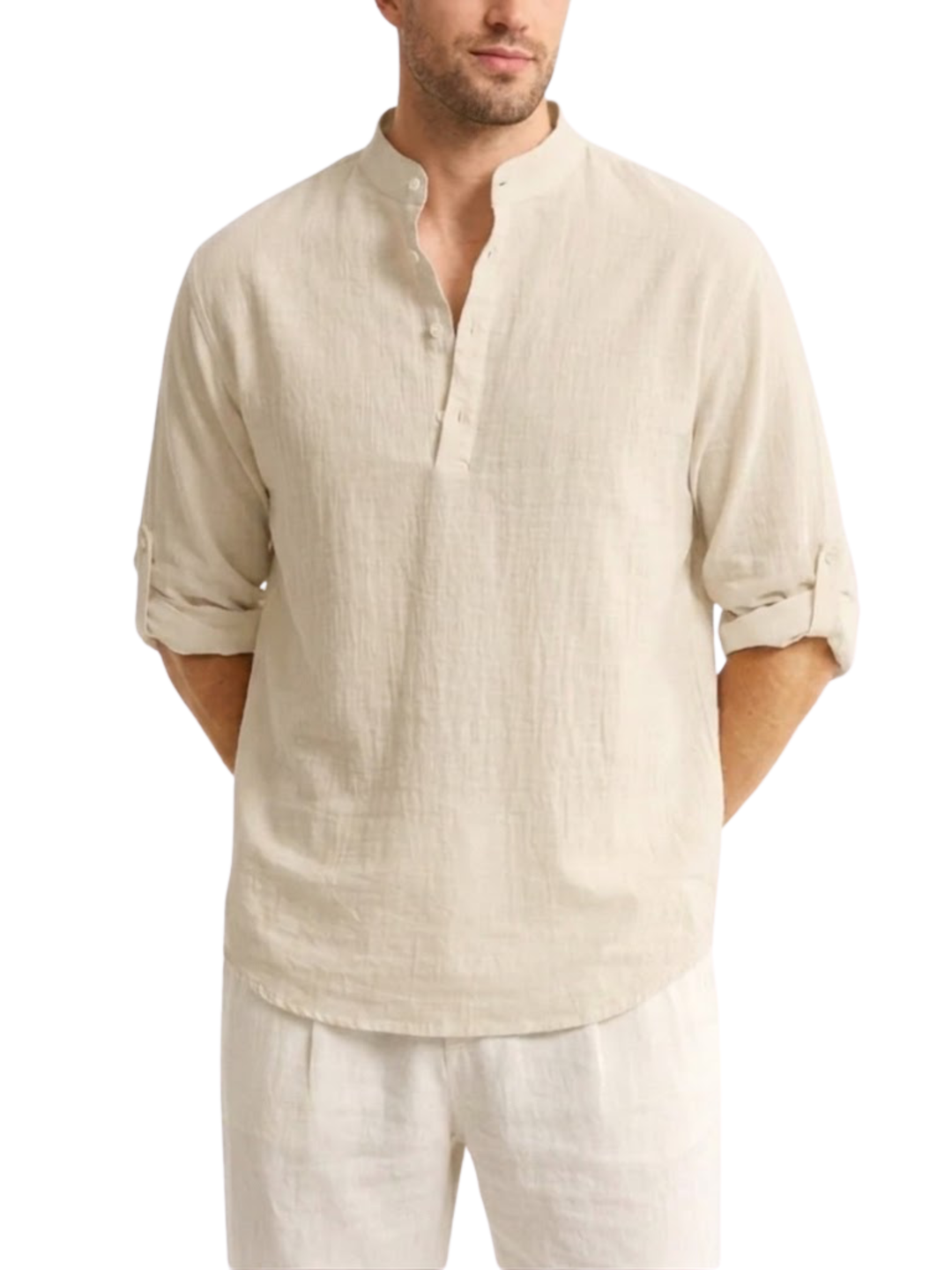 Men's Linen Long Sleeve Relaxed Fit Stand Collar Half Placket Popover Curved Hem Shirt