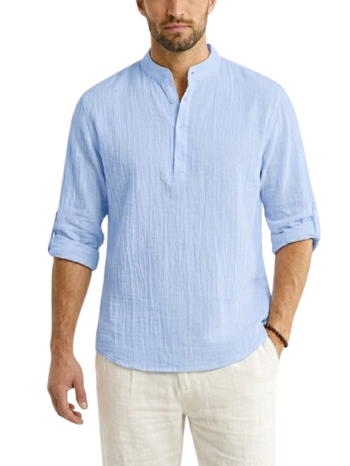 Men's Linen Long Sleeve Relaxed Fit Stand Collar Half Placket Popover Curved Hem Shirt