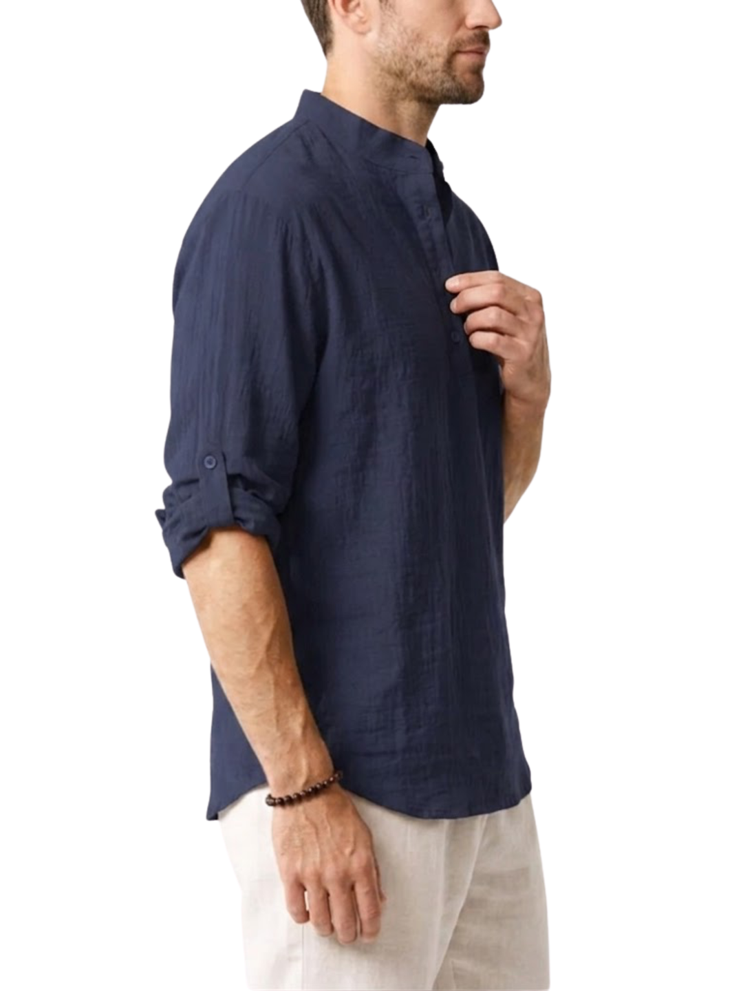 Men's Linen Long Sleeve Relaxed Fit Stand Collar Half Placket Popover Curved Hem Shirt