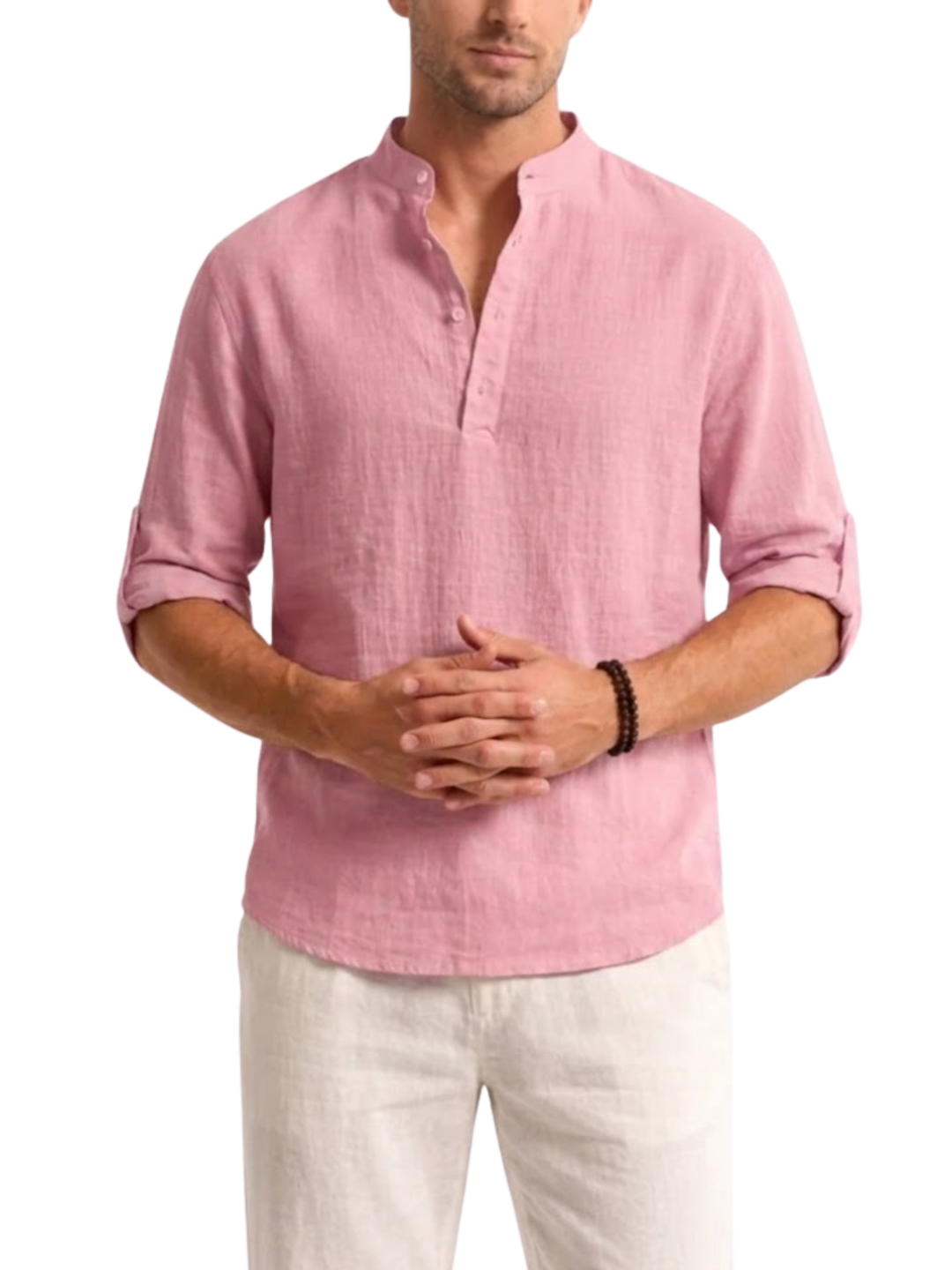 Men's Linen Long Sleeve Relaxed Fit Stand Collar Half Placket Popover Curved Hem Shirt