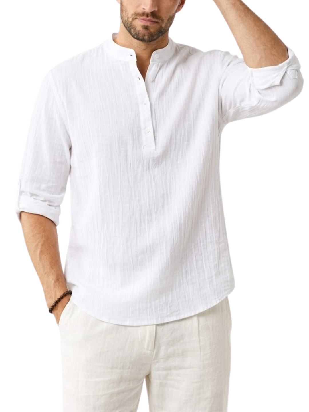 Men's Linen Long Sleeve Relaxed Fit Stand Collar Half Placket Popover Curved Hem Shirt