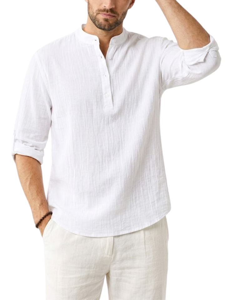 Men's Linen Long Sleeve Relaxed Fit Stand Collar Half Placket Popover Curved Hem Shirt