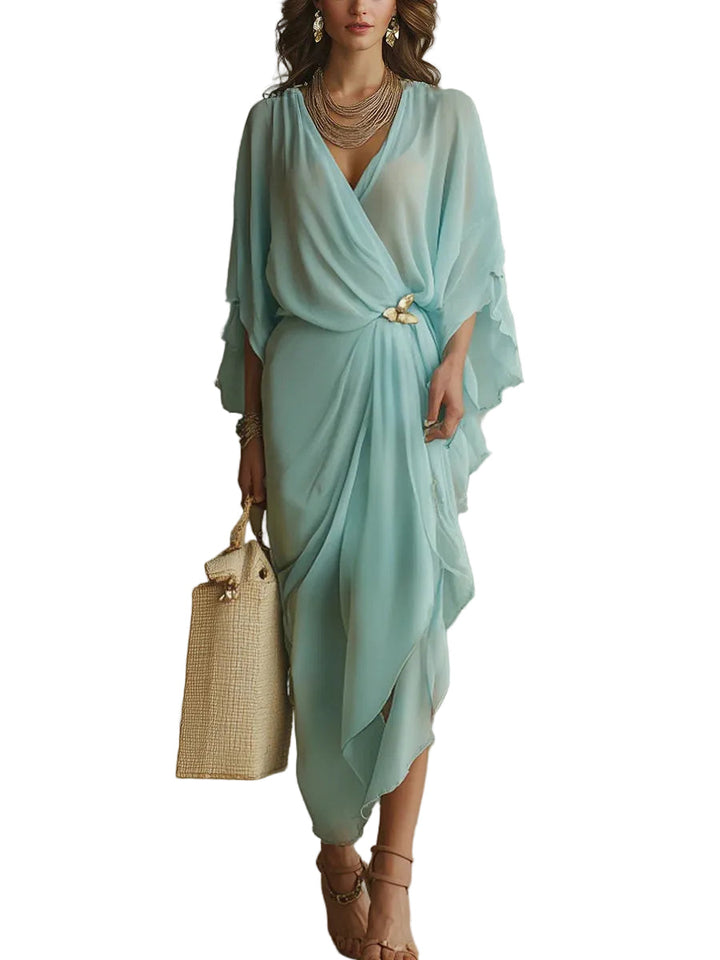 Women's Deep Wrap V Neck Batwing Sleeve Draped Asymmetric Midi Dress with Gold Butterfly Brooch Waist