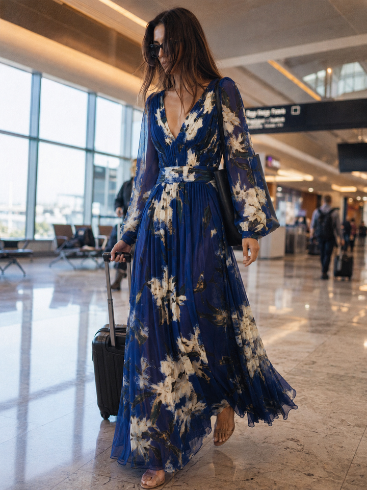 Women's Abstract Ink-Wash Floral Print Wrap V-Neck Long Bishop Sleeve Elasticated Waist Maxi Dress