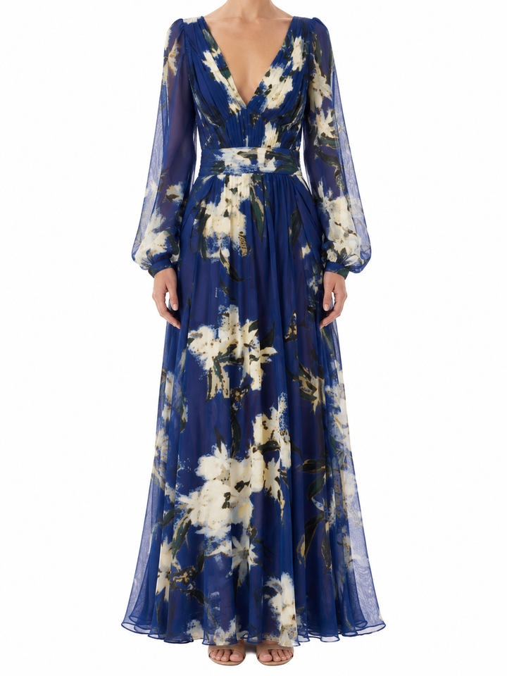 Women's Abstract Ink-Wash Floral Print Wrap V-Neck Long Bishop Sleeve Elasticated Waist Maxi Dress