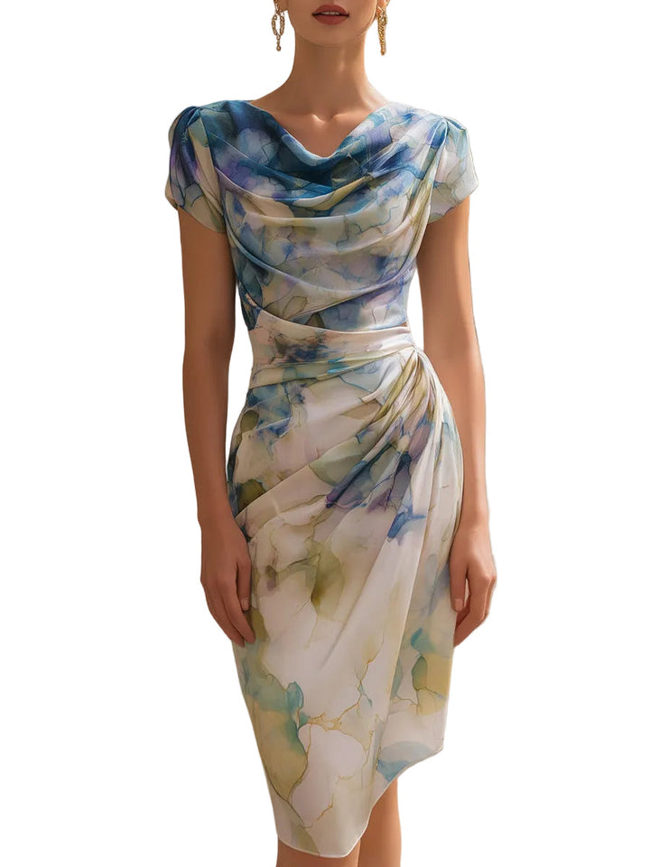 Women's Abstract Watercolor Print Cowl Neck Cap Sleeve Fitted Midi Dress with Asymmetric Side Ruching