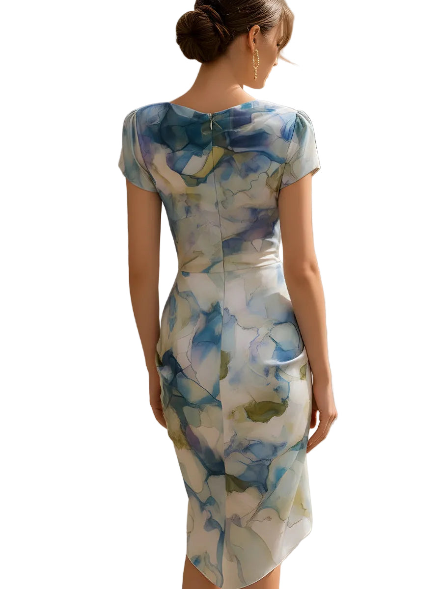 Women's Abstract Watercolor Print Cowl Neck Cap Sleeve Fitted Midi Dress with Asymmetric Side Ruching