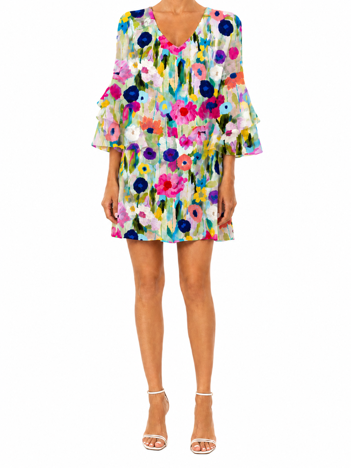 Women's Abstract Wildflower Meadow Print V-Neck Three-Quarter Tiered Ruffle Cuff Sleeve Relaxed Fit Mini Dress