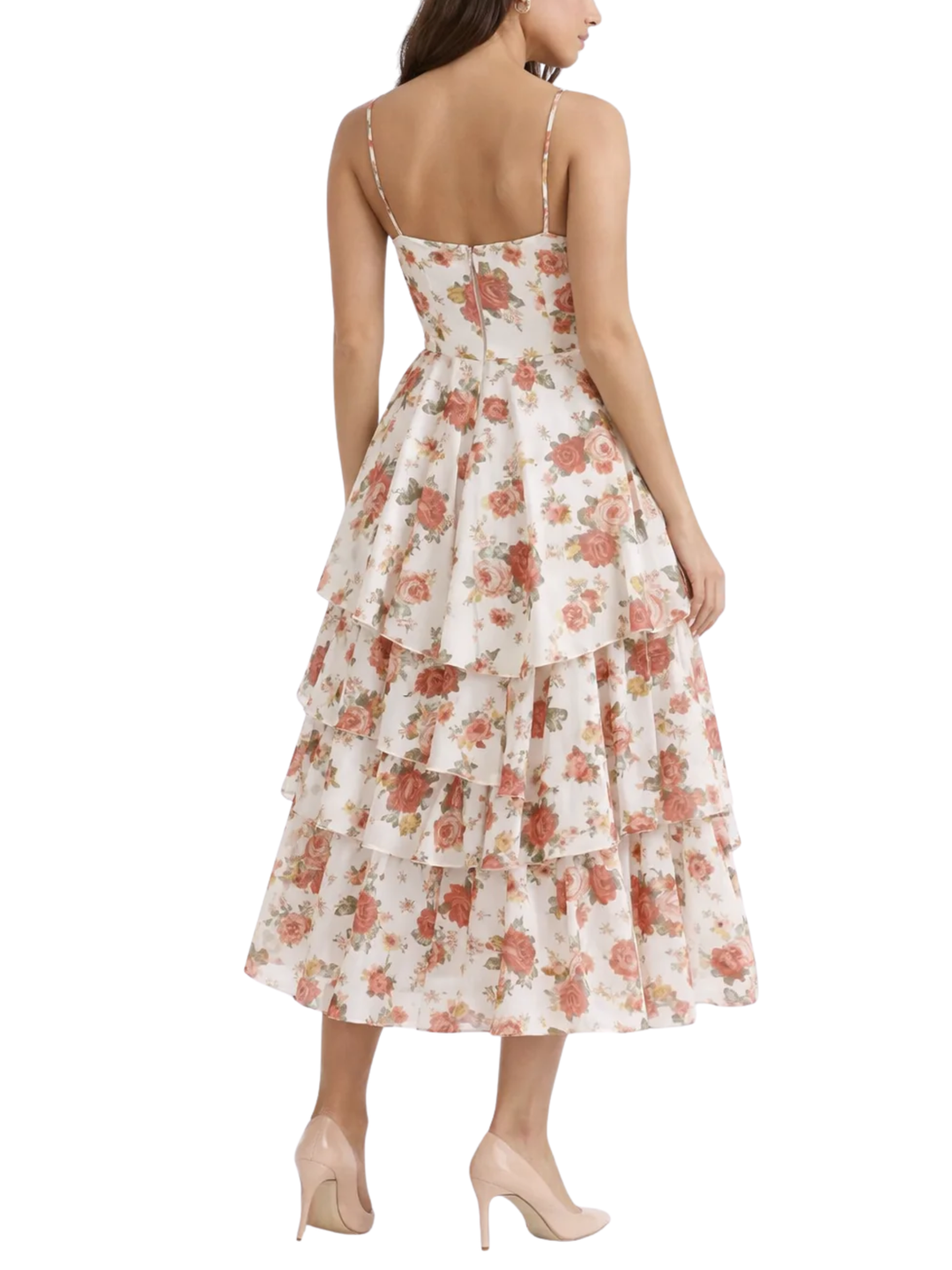 Women's All Over Rose Floral Print Spaghetti Strap Corset Bodice Center Front Knot Detail Tiered Ruffle Hem A Line Midi Dress