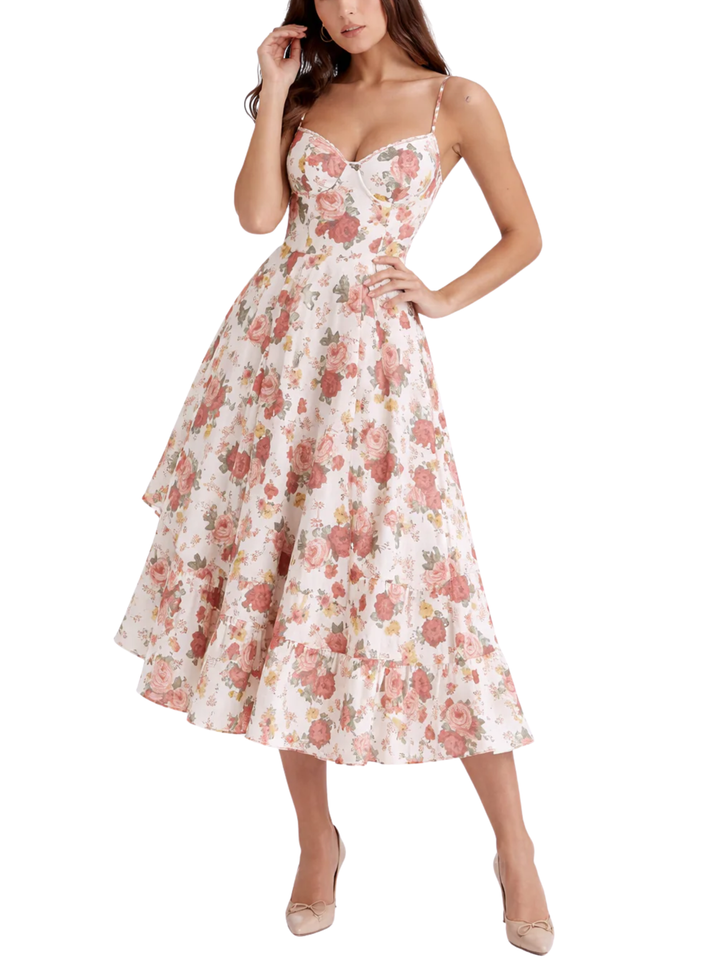 Women's All Over Rose Floral Print Spaghetti Strap Corset Bodice Center Front Knot Detail Tiered Ruffle Hem A Line Midi Dress