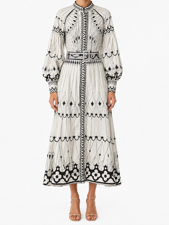 Women's Art Deco Geometric Ornamental Print Long Bishop Sleeve High Stand Collar Button-Front Self-Belt Waist Border Hem A-Line Midi Dress