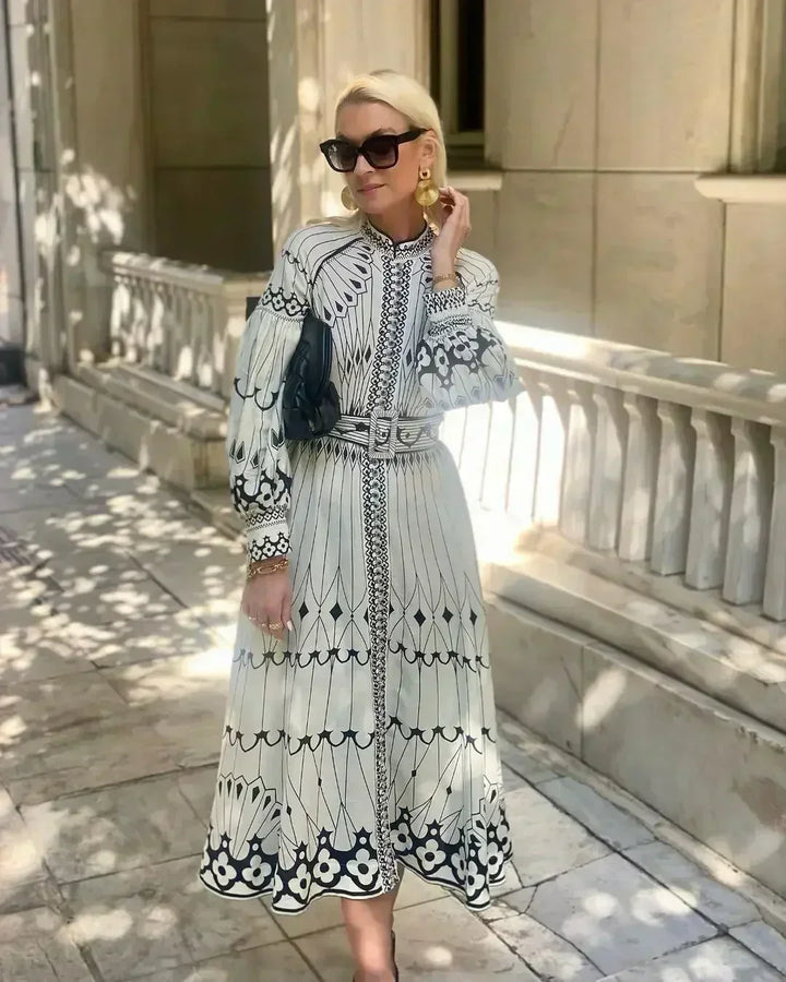 Women's Art Deco Geometric Ornamental Print Long Bishop Sleeve High Stand Collar Button-Front Self-Belt Waist Border Hem A-Line Midi Dress