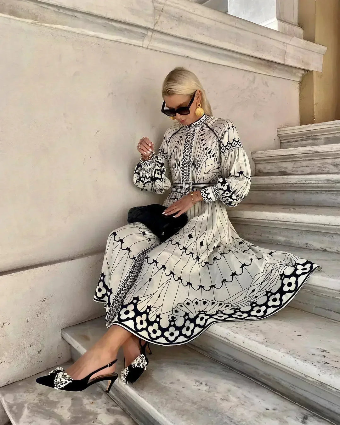 Women's Art Deco Geometric Ornamental Print Long Bishop Sleeve High Stand Collar Button-Front Self-Belt Waist Border Hem A-Line Midi Dress