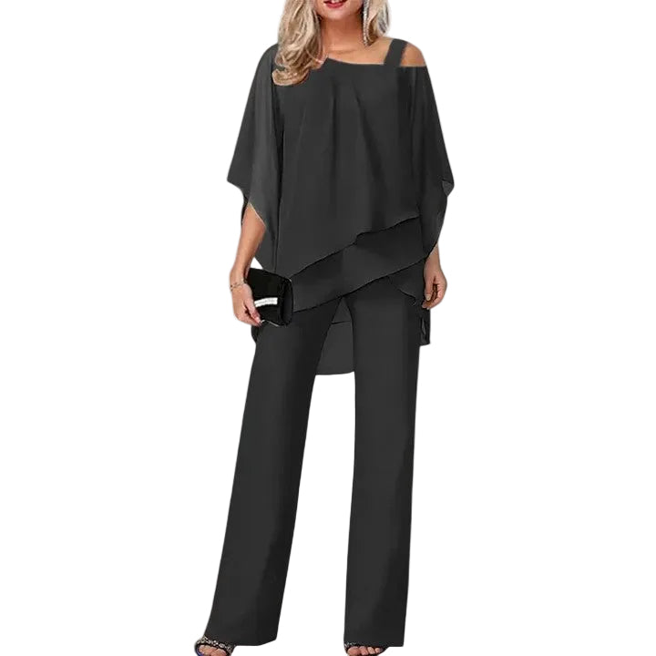 Women's Asymmetric Drape Overlay Top One Shoulder Strap Batwing Sleeve Wide Leg Pants Two Piece Matching Set for Women
