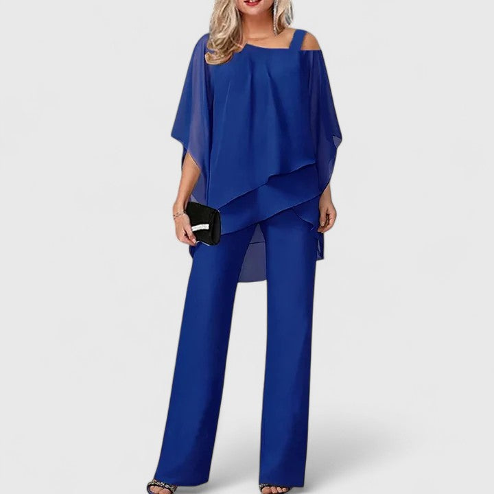 Women's Asymmetric Drape Overlay Top One Shoulder Strap Batwing Sleeve Wide Leg Pants Two Piece Matching Set for Women