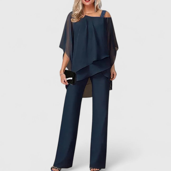 Women's Asymmetric Drape Overlay Top One Shoulder Strap Batwing Sleeve Wide Leg Pants Two Piece Matching Set for Women