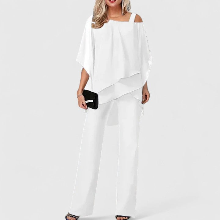 Women's Asymmetric Drape Overlay Top One Shoulder Strap Batwing Sleeve Wide Leg Pants Two Piece Matching Set for Women