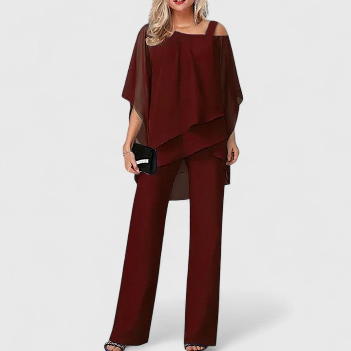 Women's Asymmetric Drape Overlay Top One Shoulder Strap Batwing Sleeve Wide Leg Pants Two Piece Matching Set for Women