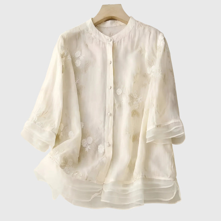 Women's Band Collar Three Quarter Sleeve Button Through Front Semi Sheer Scattered Floral Embroidered Relaxed Fit Blouse