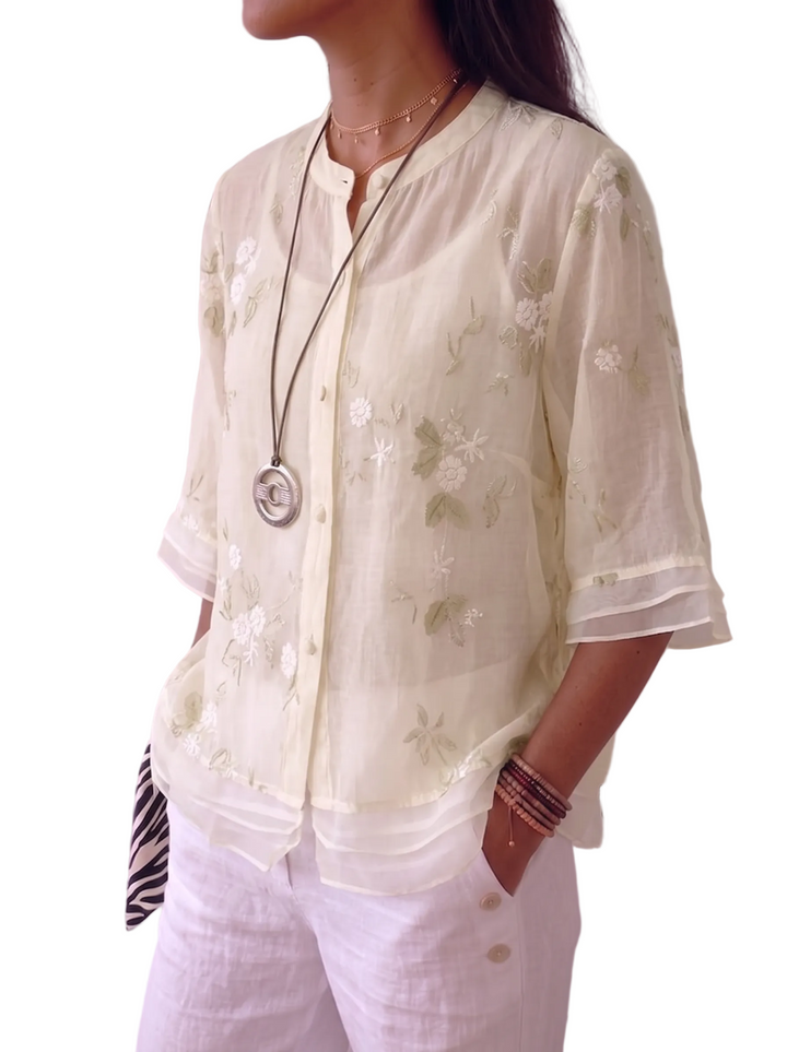 Women's Band Collar Three Quarter Sleeve Button Through Front Semi Sheer Scattered Floral Embroidered Relaxed Fit Blouse