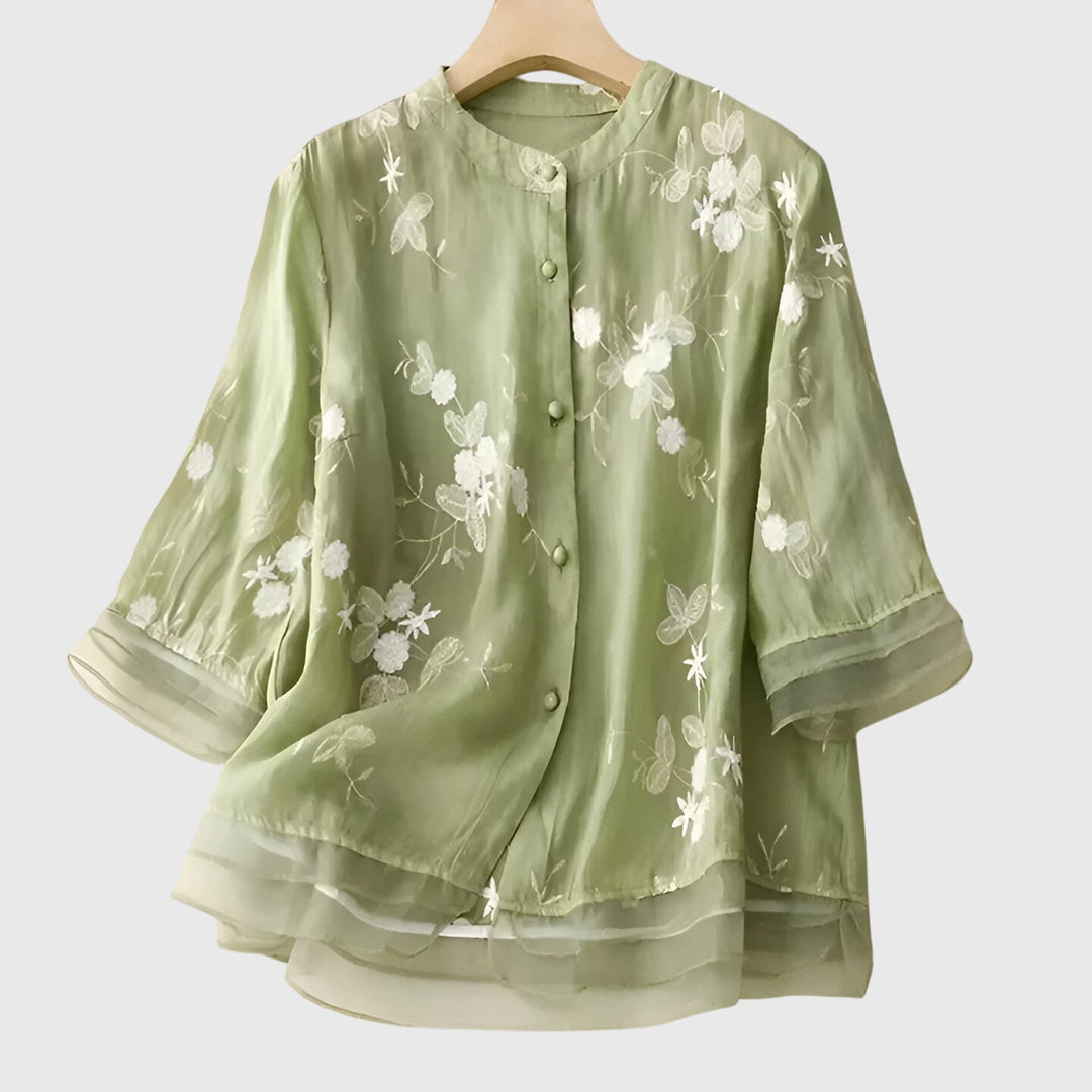 Women's Band Collar Three Quarter Sleeve Button Through Front Semi Sheer Scattered Floral Embroidered Relaxed Fit Blouse